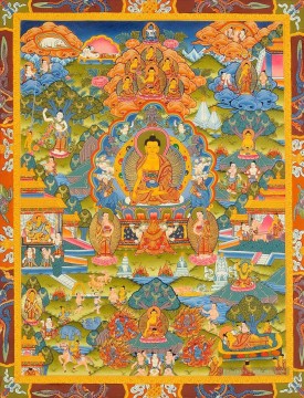  scènes - Seigneur Bouddha assis sur six ornement trône des lumières et les scènes de sa vie bouddhisme